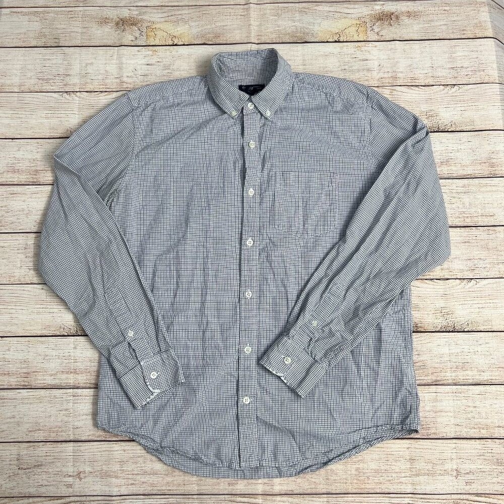 Gap Mens Standard Fit Poplin Button Down Shirt Navy White Micro Check Size Med
